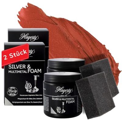 Hagerty Lot de 2 mousses Silver & Multimetal Foam de 185 g chacune I Pâte d'entretien efficace pour argent, métal, étain, acier inoxydable, chrome I Nettoyant pour une brillance renouvelée I Éponge Hagerty Lot de 2 mousses Silver & Multimetal Foam de 185 g chacune I Pâte d'entretien efficace pour argent, métal, étain, acier inoxydable, chrome I Nettoyant pour une brillance renouvelée I Éponge