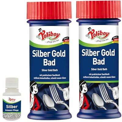 Poliboy Silver Gold Bad – Bain de bain immergé pour rafraîchir la brillance – Élimine les taches sombres et redonne de l'éclat aux bijoux – 2 x 375 ml – Avec échantillon de produit – Fabriqué en Poliboy Silver Gold Bad – Bain de bain immergé pour rafraîchir la brillance – Élimine les taches sombres et redonne de l'éclat aux bijoux – 2 x 375 ml – Avec échantillon de produit – Fabriqué en