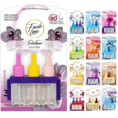 Fresh Line ® Lot de 6 recharges de désodorisant (3 x 7 ml) – 3 phases de changement – Compatible avec 3VOLUTION – Désodorisant – 6 parfums : baies sauvages, jasmin, citron vert, frais d'avril, orchidée Fresh Line ® Lot de 6 recharges de désodorisant (3 x 7 ml) – 3 phases de changement – Compatible avec 3VOLUTION – Désodorisant – 6 parfums : baies sauvages, jasmin, citron vert, frais d'avril, orchidée