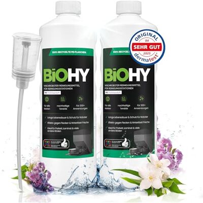 BIOHY Nettoyant concentré pour robots laveur, avec doseur, à faible mousse, au parfum printanier, prolonge la durée de vie de la station d'aspiration, adapté aux stations de nettoyage, sols, 2 x 1 l BIOHY Nettoyant concentré pour robots laveur, avec doseur, à faible mousse, au parfum printanier, prolonge la durée de vie de la station d'aspiration, adapté aux stations de nettoyage, sols, 2 x 1 l