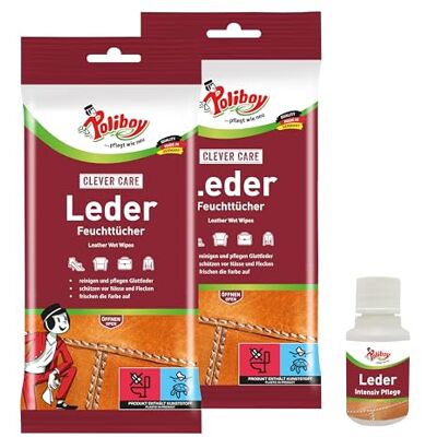 Poliboy Lot de 2 paquets de 20 lingettes humides pour cuir lisse Pour l'entretien et le nettoyage du cuir lisse Rafraîchissement des couleurs et protection avec de la cire de carnauba Avec Poliboy Lot de 2 paquets de 20 lingettes humides pour cuir lisse Pour l'entretien et le nettoyage du cuir lisse Rafraîchissement des couleurs et protection avec de la cire de carnauba Avec