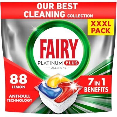 Fairy Platinum Plus Lot de 88 pastilles de lave-vaisselle tout-en-un Parfum citrine, brillance et prévention de la formation de pierres Fairy Platinum Plus Lot de 88 pastilles de lave-vaisselle tout-en-un Parfum citrine, brillance et prévention de la formation de pierres