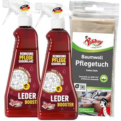 Poliboy Leder Booster Produit d'entretien nettoyant pour cuir pour vêtements et meubles Nettoyant pour cuir avec effet d'entretien 2 x 375 ml Avec chiffon en coton Fabriqué en Allemagne Poliboy Leder Booster Produit d'entretien nettoyant pour cuir pour vêtements et meubles Nettoyant pour cuir avec effet d'entretien 2 x 375 ml Avec chiffon en coton Fabriqué en Allemagne