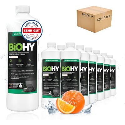 BIOHY Nettoyant concentré pour robots laveur, avec doseur, à faible mousse, au parfum d'orange, prolonge la durée de vie de la station d'aspiration, adapté aux stations de nettoyage, sols, 12 x 1 l BIOHY Nettoyant concentré pour robots laveur, avec doseur, à faible mousse, au parfum d'orange, prolonge la durée de vie de la station d'aspiration, adapté aux stations de nettoyage, sols, 12 x 1 l
