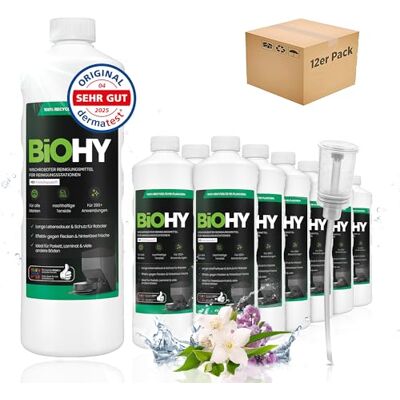 BIOHY Nettoyant concentré pour robots laveur, avec doseur, à faible mousse, au parfum printanier, prolonge la durée de vie de la station d'aspiration, adapté aux stations de nettoyage, sols, 12 x 1 l BIOHY Nettoyant concentré pour robots laveur, avec doseur, à faible mousse, au parfum printanier, prolonge la durée de vie de la station d'aspiration, adapté aux stations de nettoyage, sols, 12 x 1 l
