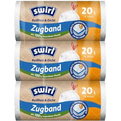 Swirl Lot de 3 sacs poubelle indéchirables et étanches avec cordon de serrage, 20 l, multipack de 45 sacs, extra solides, anti-gouttes Swirl Lot de 3 sacs poubelle indéchirables et étanches avec cordon de serrage, 20 l, multipack de 45 sacs, extra solides, anti-gouttes