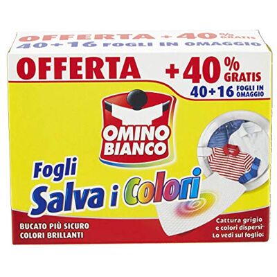 Omino Bianco Feuilles Salva Couleur, Structure à Nido d'Ape, Capturent le gris et les couleurs disparues dans le lavage, 40 pièces + 16 cadeau Omino Bianco Feuilles Salva Couleur, Structure à Nido d'Ape, Capturent le gris et les couleurs disparues dans le lavage, 40 pièces + 16 cadeau