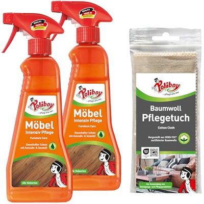Poliboy , Entretien intensif pour meubles Soin du bois laqué Protection et rafraîchissant du bois Neutre 2 x 375 ml spray avec chiffon de coton Fabriqué en Allemagne Poliboy , Entretien intensif pour meubles Soin du bois laqué Protection et rafraîchissant du bois Neutre 2 x 375 ml spray avec chiffon de coton Fabriqué en Allemagne