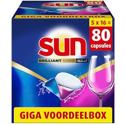 Sun Brilliant Shine All-in 1 Capsules de lavage pour un nettoyage puissant sur 72h taches et une brillance brillante grâce à la technologie Extra Glosss 5 x 16 capsules Emballage économique Sun Brilliant Shine All-in 1 Capsules de lavage pour un nettoyage puissant sur 72h taches et une brillance brillante grâce à la technologie Extra Glosss 5 x 16 capsules Emballage économique