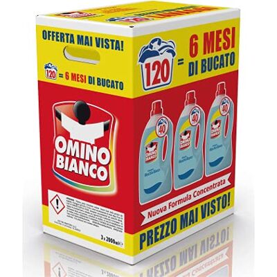 Omino Bianco Lessive Machine à laver liquide, 120 lavages, respecte les couleurs et les tissus, parfum frais avec essence de mousse blanche, 2000 ml x 3 paquets Omino Bianco Lessive Machine à laver liquide, 120 lavages, respecte les couleurs et les tissus, parfum frais avec essence de mousse blanche, 2000 ml x 3 paquets