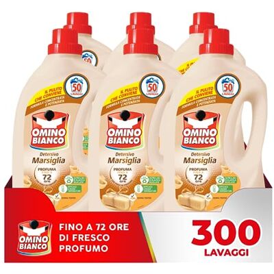 Omino Bianco Lessive liquide pour machine à laver, 300 lavages, respecte les couleurs et les tissus, parfum frais à l'essence cœur de Marseille, 2000 ml x 6 paquets Omino Bianco Lessive liquide pour machine à laver, 300 lavages, respecte les couleurs et les tissus, parfum frais à l'essence cœur de Marseille, 2000 ml x 6 paquets