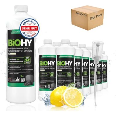 BIOHY Nettoyeur de sol pour station robot, serpillère avec parfum frais (12 x 1 litre) + doseur, agent de nettoyage concentré BIOHY Nettoyeur de sol pour station robot, serpillère avec parfum frais (12 x 1 litre) + doseur, agent de nettoyage concentré