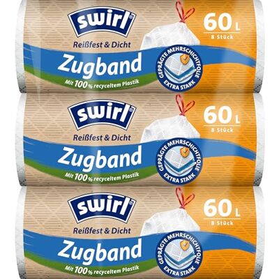 Swirl Lot de 3 sacs poubelle indéchirables et étanches avec cordon de serrage, 60 l, multipack de 24 sacs, extra solides, anti-gouttes Swirl Lot de 3 sacs poubelle indéchirables et étanches avec cordon de serrage, 60 l, multipack de 24 sacs, extra solides, anti-gouttes