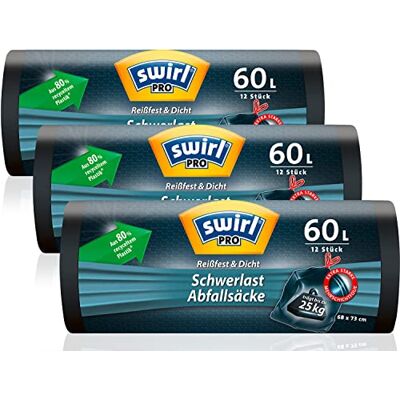 Swirl Sacs poubelle robustes de 60 l (3 x 12 sacs) avec cordon de serrage pratique, sacs poubelle anti-gouttes et anti-perforation pour déchets lourds de la maison et du jardin Swirl Sacs poubelle robustes de 60 l (3 x 12 sacs) avec cordon de serrage pratique, sacs poubelle anti-gouttes et anti-perforation pour déchets lourds de la maison et du jardin