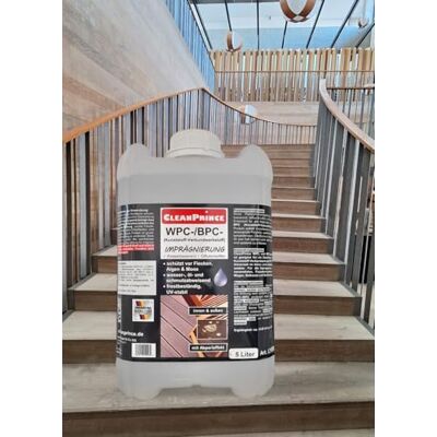 CleanPrince Imperméabilisant WPC et BPC 5 litres transparent prêt à l'emploi incolore Matériau composite plastique pour terrasses, sols, planches, protection CleanPrince Imperméabilisant WPC et BPC 5 litres transparent prêt à l'emploi incolore Matériau composite plastique pour terrasses, sols, planches, protection