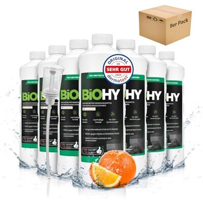 BIOHY Nettoyant concentré pour robots laveur, avec doseur, à faible mousse, au parfum d'orange, prolonge la durée de vie de la station d'aspiration, adapté aux stations de nettoyage, sols, 9 x 1 l BIOHY Nettoyant concentré pour robots laveur, avec doseur, à faible mousse, au parfum d'orange, prolonge la durée de vie de la station d'aspiration, adapté aux stations de nettoyage, sols, 9 x 1 l