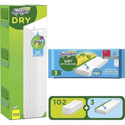 Swiffer Chiffons anti-poussière, 102 chiffons en microfibre secs et 3 chiffons laveurs, chiffons captures de poussière et de saleté, idéal pour tous les types de sols et pour les poils d'animaux, Swiffer Chiffons anti-poussière, 102 chiffons en microfibre secs et 3 chiffons laveurs, chiffons captures de poussière et de saleté, idéal pour tous les types de sols et pour les poils d'animaux,