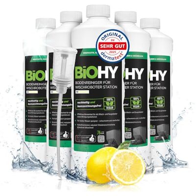 BIOHY Nettoyeur de sol pour station robot, serpillère avec parfum frais (6 x 1 litre) + doseur, agent de nettoyage concentré BIOHY Nettoyeur de sol pour station robot, serpillère avec parfum frais (6 x 1 litre) + doseur, agent de nettoyage concentré