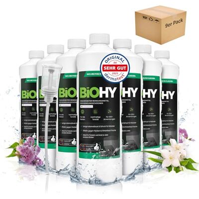 BIOHY Nettoyant concentré pour robots laveur, avec doseur, à faible mousse, au parfum printanier, prolonge la durée de vie de la station d'aspiration, adapté aux stations de nettoyage, sols, 9 x 1 l BIOHY Nettoyant concentré pour robots laveur, avec doseur, à faible mousse, au parfum printanier, prolonge la durée de vie de la station d'aspiration, adapté aux stations de nettoyage, sols, 9 x 1 l