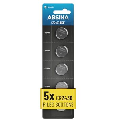 ABSINA Pile bouton CR2430 au lithium 3 V Anti-fuite et durable Lot de 5 piles bouton CR 2430 3 V ABSINA Pile bouton CR2430 au lithium 3 V Anti-fuite et durable Lot de 5 piles bouton CR 2430 3 V