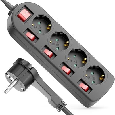 deleyCON Multiprise 4 Prises avec Fiche Plate Interrupteur ON/OFF Commutable Individuellement 3,0m Câble bloc Multiprise Distributeur Rallonge Alimentation Usage Domestique 3680W Noir deleyCON Multiprise 4 Prises avec Fiche Plate Interrupteur ON/OFF Commutable Individuellement 3,0m Câble bloc Multiprise Distributeur Rallonge Alimentation Usage Domestique 3680W Noir