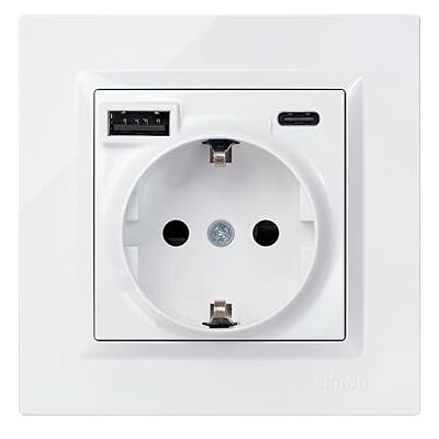 Simon Prise Schuko à encastrer + 2 ports USB A+C (10,5 W), série 10, 250 V, 16 A, prise murale avec charge supplémentaire, cadre, couvercle et mécanisme, blanc Simon Prise Schuko à encastrer + 2 ports USB A+C (10,5 W), série 10, 250 V, 16 A, prise murale avec charge supplémentaire, cadre, couvercle et mécanisme, blanc