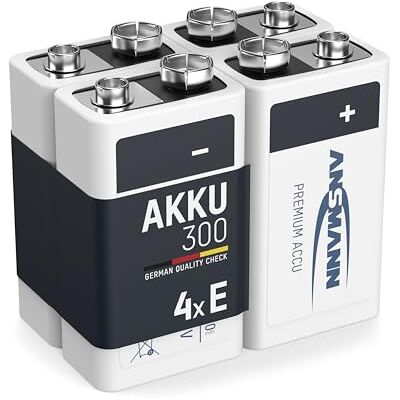Ansmann Piles 6F22 9V 300 mAh NiMH rechargeables (lot de 4) – Bloc alimentation 9V à faible autodécharge et haute capacité – Piles 9V idéales pour détecteur de fumée, jouets, radios, etc. Ansmann Piles 6F22 9V 300 mAh NiMH rechargeables (lot de 4) – Bloc alimentation 9V à faible autodécharge et haute capacité – Piles 9V idéales pour détecteur de fumée, jouets, radios, etc.