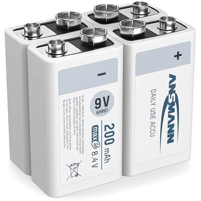 Ansmann Pile 9V 200 mAh NiMH (unité 4) batteries rechargeables bloc 9 Volt, faible autodécharge maxE pour une utilisation pendant plusieurs années Ansmann Pile 9V 200 mAh NiMH (unité 4) batteries rechargeables bloc 9 Volt, faible autodécharge maxE pour une utilisation pendant plusieurs années