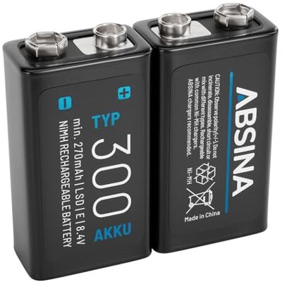 ABSINA Batterie bloc 9 V rechargeable 300 avec 8,4 V et min. 270 mAh Lot de 2 piles NiMH à faible auto-décharge Rechargeable Bloc électronique rechargeable ABSINA Batterie bloc 9 V rechargeable 300 avec 8,4 V et min. 270 mAh Lot de 2 piles NiMH à faible auto-décharge Rechargeable Bloc électronique rechargeable