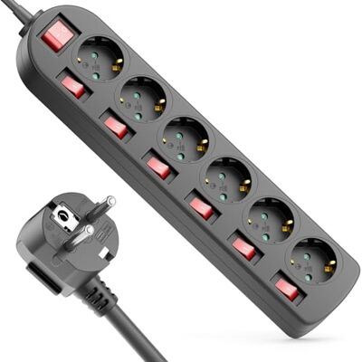 deleyCON Multiprise 6 Prises Interrupteur ON/OFF Commutable Individuellement 1,4m Câble 6x Prise bloc Multiprise Distributeur Rallonge Alimentation Usage Domestique Bureau 3680W 16A Noir deleyCON Multiprise 6 Prises Interrupteur ON/OFF Commutable Individuellement 1,4m Câble 6x Prise bloc Multiprise Distributeur Rallonge Alimentation Usage Domestique Bureau 3680W 16A Noir