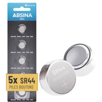 ABSINA Lot de 5 piles bouton SR44 1,55 V oxyde d’argent SR 44 SR44 anti-fuite, longue conservation ; pour montres, calculatrices, instruments de mesure et autres ABSINA Lot de 5 piles bouton SR44 1,55 V oxyde d’argent SR 44 SR44 anti-fuite, longue conservation ; pour montres, calculatrices, instruments de mesure et autres