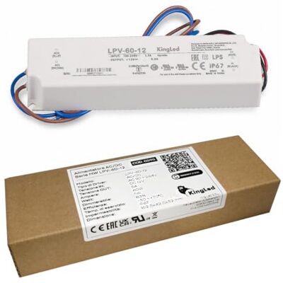MEAN WELL Kingled Bloc d'alimentation étanche IP67 Série MW LPV-60-12, puissance 60 W DC 12 V 5 A adapté pour usage extérieur Cod 0595 MEAN WELL Kingled Bloc d'alimentation étanche IP67 Série MW LPV-60-12, puissance 60 W DC 12 V 5 A adapté pour usage extérieur Cod 0595