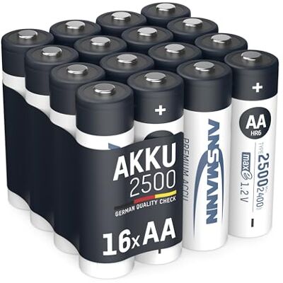 Ansmann Piles rechargeables HR6 NiMH 2500 mAh 1,2 V (lot de 16) – Piles rechargeables Mignon AA à faible autodécharge – Accumulateurs pour appareils énergivores (radio-réveils, lampes torches, etc.) Ansmann Piles rechargeables HR6 NiMH 2500 mAh 1,2 V (lot de 16) – Piles rechargeables Mignon AA à faible autodécharge – Accumulateurs pour appareils énergivores (radio-réveils, lampes torches, etc.)