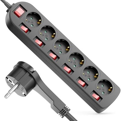 deleyCON Multiprise 6 Prises avec Fiche Plate Interrupteur ON/OFF Commutable Individuellement 5m Câble bloc Multiprise Distributeur Rallonge Alimentation Usage Domestique 3680W Noir deleyCON Multiprise 6 Prises avec Fiche Plate Interrupteur ON/OFF Commutable Individuellement 5m Câble bloc Multiprise Distributeur Rallonge Alimentation Usage Domestique 3680W Noir
