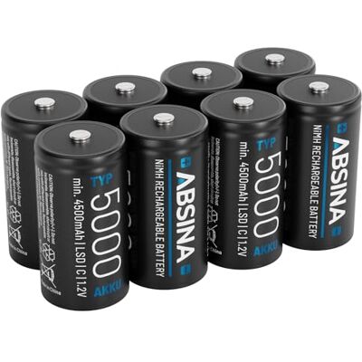 ABSINA Lot de 8 piles C Baby LR 14 rechargeables 5000 avec faible auto-décharge – Piles C NiMH avec min. 4500 mAh et 1,2 V – Baby C, piles Baby C, piles C LR14 ABSINA Lot de 8 piles C Baby LR 14 rechargeables 5000 avec faible auto-décharge – Piles C NiMH avec min. 4500 mAh et 1,2 V – Baby C, piles Baby C, piles C LR14