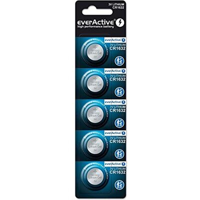 everActive CR1632 Lithium knoopcelbatterijen, 3 V, 5 stuks, krachtigste batterij, 10 jaar houdbaarheid, 5 stuks 1 blisterkaart everActive CR1632 Lithium knoopcelbatterijen, 3 V, 5 stuks, krachtigste batterij, 10 jaar houdbaarheid, 5 stuks 1 blisterkaart