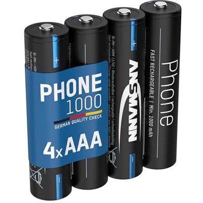Ansmann Lot de 4 batteries de téléphone AAA 1000 mAh NiMH 1,2 V rechargeables et puissantes, idéales pour téléphones DECT et babyphone Ansmann Lot de 4 batteries de téléphone AAA 1000 mAh NiMH 1,2 V rechargeables et puissantes, idéales pour téléphones DECT et babyphone