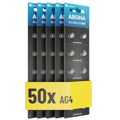 ABSINA Pile bouton AG4 LR66 alcaline 1,5 V Anti-fuite et durable Lot de 50 piles bouton SG4 / V4GA / G4A / 4GA / 4GA / L626 / 177 / LR626 ABSINA Pile bouton AG4 LR66 alcaline 1,5 V Anti-fuite et durable Lot de 50 piles bouton SG4 / V4GA / G4A / 4GA / 4GA / L626 / 177 / LR626
