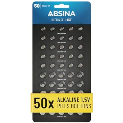 ABSINA Pack de 50 Assortiment Pile Bouton 10x AG1 LR621, AG4 LR66, AG10 LR1130 / 15x AG3 LR41 / 5x AG13 LR44 Piles Boutons Assortiment 1,5V Piles Plates Pile Montre ABSINA Pack de 50 Assortiment Pile Bouton 10x AG1 LR621, AG4 LR66, AG10 LR1130 / 15x AG3 LR41 / 5x AG13 LR44 Piles Boutons Assortiment 1,5V Piles Plates Pile Montre