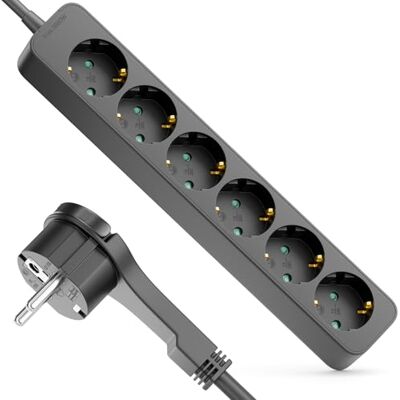 deleyCON Multiprise 6 Prises avec Fiche Plate 3,0m Câble Idéal Derrière Meubles, bloc Prises Distributeur Rallonge Alimentation 3680W 16A Noir deleyCON Multiprise 6 Prises avec Fiche Plate 3,0m Câble Idéal Derrière Meubles, bloc Prises Distributeur Rallonge Alimentation 3680W 16A Noir