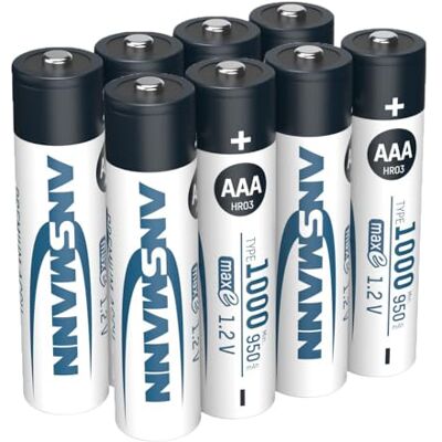 Ansmann Piles rechargeables NiMH Micro AAA 1000 mAh (lot de 8) – Piles HR6 à faible autodécharge & haute capacité – Petits accumulateurs pour appareils énergivores (caméras, appareils de mesure, etc.) Ansmann Piles rechargeables NiMH Micro AAA 1000 mAh (lot de 8) – Piles HR6 à faible autodécharge & haute capacité – Petits accumulateurs pour appareils énergivores (caméras, appareils de mesure, etc.)