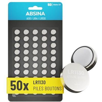 ABSINA Pile bouton AG10 LR1130 alcaline 1,5 V Anti-fuite et durable Lot de 50 piles bouton LR54 / V10GA / RW49 / G10A / 189 / GP189 / L1130 / 89A ABSINA Pile bouton AG10 LR1130 alcaline 1,5 V Anti-fuite et durable Lot de 50 piles bouton LR54 / V10GA / RW49 / G10A / 189 / GP189 / L1130 / 89A