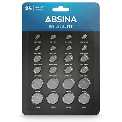 ABSINA Pack de 24 Assortiment Pile Bouton Alcalines & Lithium 2x AG1 LR621, AG3 LR41, CR2016, CR2025 / 4x AG4 LR66, AG10 LR1130, AG13 LR44, CR2032-1,5V & 3V Pile Bouton étanches ABSINA Pack de 24 Assortiment Pile Bouton Alcalines & Lithium 2x AG1 LR621, AG3 LR41, CR2016, CR2025 / 4x AG4 LR66, AG10 LR1130, AG13 LR44, CR2032-1,5V & 3V Pile Bouton étanches