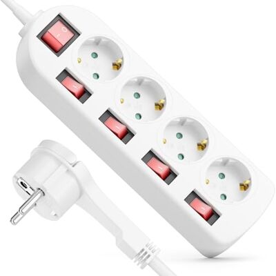 deleyCON Multiprise 4 Prises avec Fiche Plate Interrupteur ON/OFF Commutable Individuellement 3,0m Câble bloc Multiprise Distributeur Rallonge Alimentation Usage Domestique 3680W Blanc deleyCON Multiprise 4 Prises avec Fiche Plate Interrupteur ON/OFF Commutable Individuellement 3,0m Câble bloc Multiprise Distributeur Rallonge Alimentation Usage Domestique 3680W Blanc