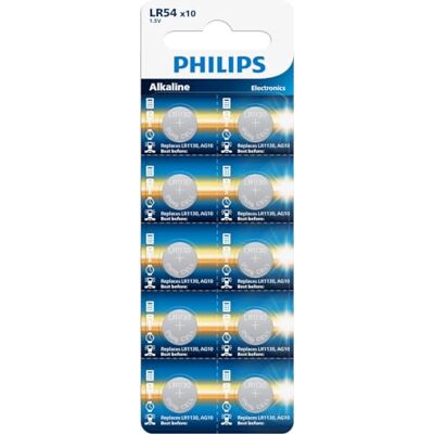 Philips AG10 G10 LR1130 LR54 Pile bouton alcaline 1,5 V Lot de 10 piles bouton Philips AG10 G10 LR1130 LR54 Pile bouton alcaline 1,5 V Lot de 10 piles bouton