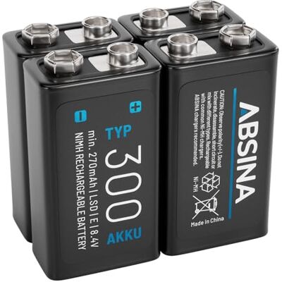 ABSINA Batterie bloc 9 V rechargeable 300 avec 8,4 V et min. 270 mAh Lot de 4 piles NiMH à faible auto-décharge Rechargeable Bloc électronique rechargeable ABSINA Batterie bloc 9 V rechargeable 300 avec 8,4 V et min. 270 mAh Lot de 4 piles NiMH à faible auto-décharge Rechargeable Bloc électronique rechargeable