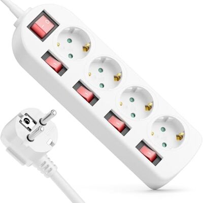 deleyCON Multiprise 4 Prises Interrupteur ON/OFF Commutable Individuellement 1,4m Câble 4x Prise bloc Multiprise Distributeur Rallonge Alimentation Usage Domestique Bureau 3680W 16A Blanc deleyCON Multiprise 4 Prises Interrupteur ON/OFF Commutable Individuellement 1,4m Câble 4x Prise bloc Multiprise Distributeur Rallonge Alimentation Usage Domestique Bureau 3680W 16A Blanc
