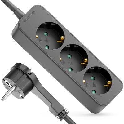 deleyCON Multiprise 3 Prises avec Fiche Plate 5m Câble Idéal Derrière Meubles, bloc Prises Distributeur Rallonge Alimentation 3680W 16A Noir deleyCON Multiprise 3 Prises avec Fiche Plate 5m Câble Idéal Derrière Meubles, bloc Prises Distributeur Rallonge Alimentation 3680W 16A Noir