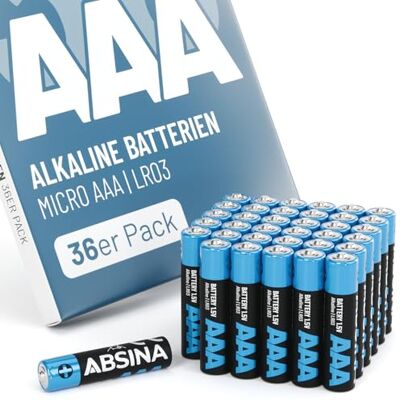 ABSINA Lot de 36 piles AAA alcalines longue durée de vie 1,5 V Pile Micro LR03 AAA 1,5 V pour télécommande, jouets, réveils et bien plus encore ABSINA Lot de 36 piles AAA alcalines longue durée de vie 1,5 V Pile Micro LR03 AAA 1,5 V pour télécommande, jouets, réveils et bien plus encore