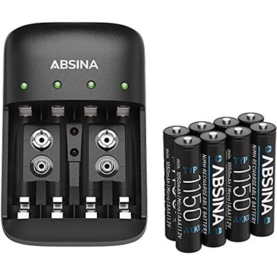 ABSINA NiMH Chargeur de piles AA AAA et bloc 9 V avec 8 piles AAA 1150 – Chargeur de piles rechargeables – Piles rechargeables avec chargeur – Kit chargeur de batterie ABSINA NiMH Chargeur de piles AA AAA et bloc 9 V avec 8 piles AAA 1150 – Chargeur de piles rechargeables – Piles rechargeables avec chargeur – Kit chargeur de batterie